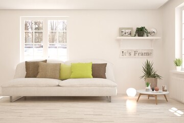 White living room with sofa and winter landscape in window. Scandinavian interior design. 3D illustration