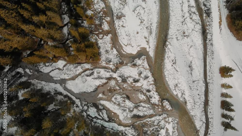 Canvas Prints Aerial view of Dolomite Mountains and creek in the forest, winter season, Italy