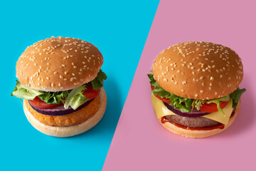 Cheeseburger and chickpea burger on blue and pink background - obrazy, fototapety, plakaty