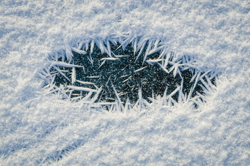 Snow covered ice on a river with white crystals of rime texture background close-up. Macro shot.