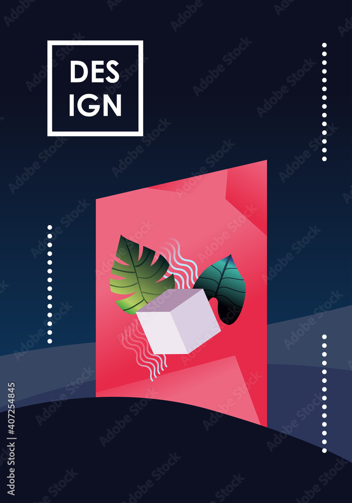 Poster abstract background design with cube and leaves
