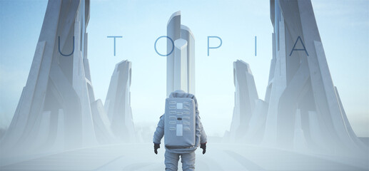 Astronaut Futuristic Sci-Fi Utopian City Alien Landscape with Utopia Text Typeface 3d illustration render   - obrazy, fototapety, plakaty