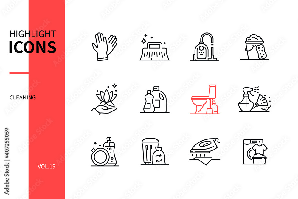 Poster cleaning services - line design style icons set