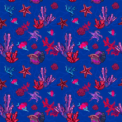 Fototapeta na wymiar Ocean wildlife seamless pattern. Underwater deep coral reef, sea star, fishes. Summer vacations diving mood. Colorful red blue vector seamless pattern for fabric fashion design print, gift wrapping.