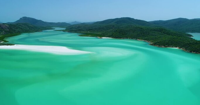 4K aerial forward tracking motion of water inlet at Hill Inlet at Whitehaven beach,Whitsunday Islands,Queensland,Australia