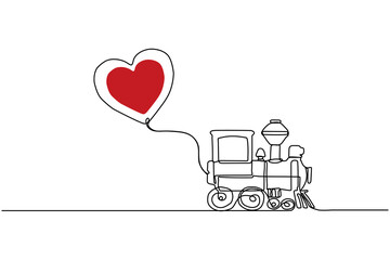 Drawing of a train that carries a heart. Continuous line drawing. Vector illustration.