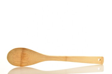 One wooden spatula, for the kitchen, close-up, isolated on white.