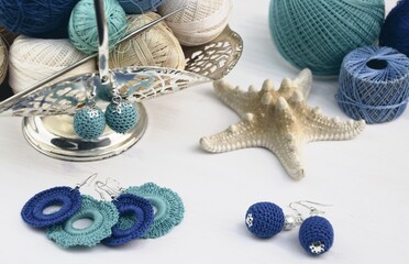 Crochet blue earrings, crechet jewellery hand made,, women's hobby, crocheting, hook, cotton,...