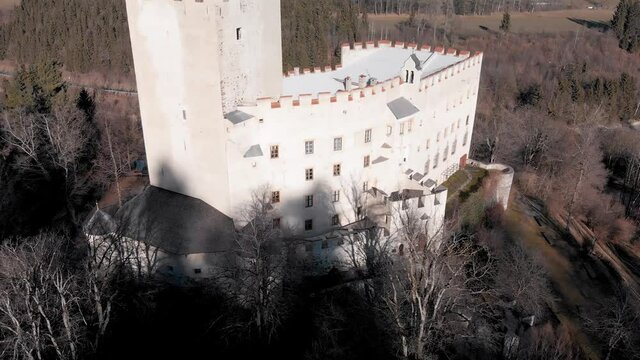 Lienz Castle in winter, aerial view, Austria. Medieval Europe