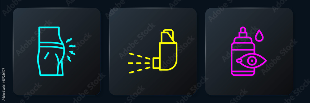 Poster set line abdominal bloating, eye drop bottle and inhaler. black square button. vector.