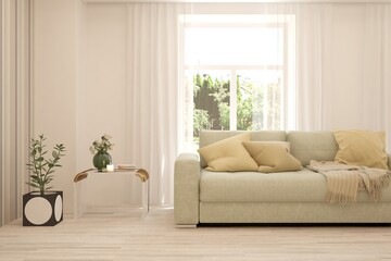 White living room with sofa and summer landscape in window. Scandinavian interior design. 3D illustration