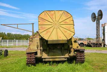 Military equipment of the USSR times. Armored military vehicle on tracks with radar - 407257405