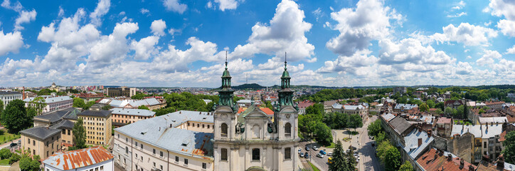 Fototapeta na wymiar The Roman Catholic church of St. Mary Magdalene (House of organ and chamber music) in Lviv, Ukraine. View from drone 