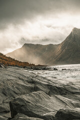 Mountains of Senja surrounded by water in north Norway