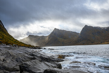 Mountains of Senja surrounded by water in north Norway