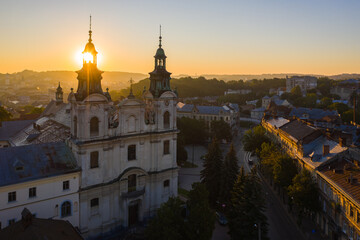 Fototapeta na wymiar The Roman Catholic church of St. Mary Magdalene (House of organ and chamber music) in Lviv, Ukraine. View from drone 