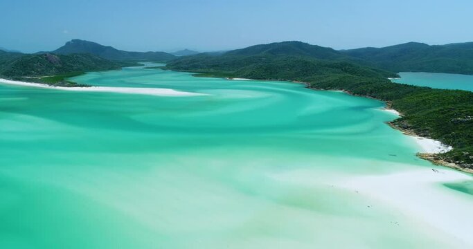 4K aerial forward tracking motion of water inlet at Hill Inlet at Whitehaven beach,Whitsunday Islands,Queensland,Australia