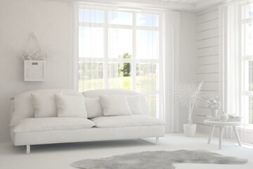 White minimalist living room with sofa. Scandinavian interior design. 3D illustration