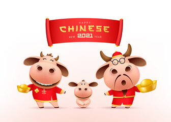 Happy Chinese new year 2021 red banner, little ox family holding chinese gold, red cheongsam dress, character zodiac cartoon, EPS 10 vector illustration
