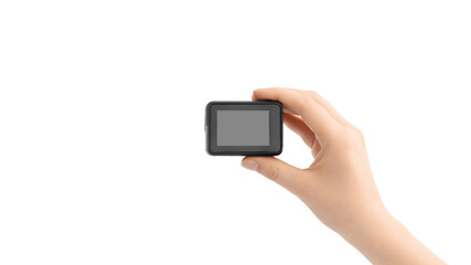 Action camera in hand isolated on white. Blank screen for mockup.