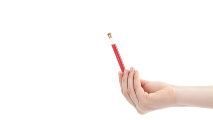 Blood sample in hand on a white background