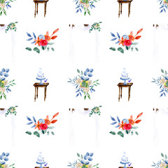 Wedding seamless pattern with ceremonial arch, cake, table and bouquets. Backgrounds and wallpapers for invitations, cards, fabrics, packaging, textiles. Watercolor illustration.
