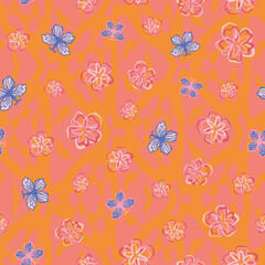 Pink flowers and blue butterflies seamless vector pattern on orange. Surface print design for fabrics, stationery, scrapbook paper, gift wrap, backgrounds, textiles, home decor, and packaging.