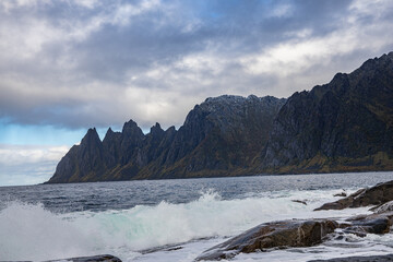 Mountains of Senja surrounded by water in north Norway