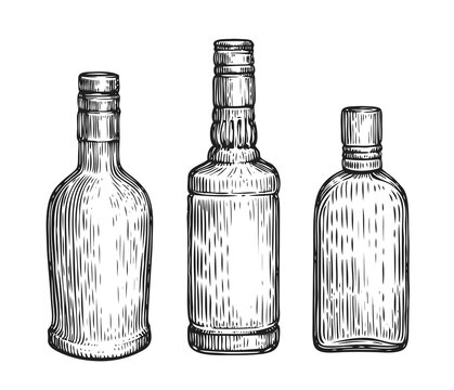 Glass bottles set. Alcoholic drinks sketch vintage vector illustration