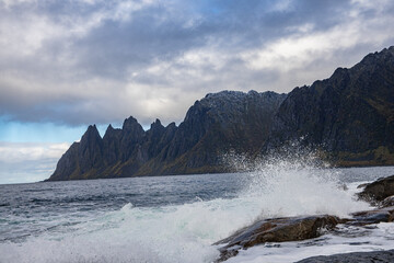 Mountains of Senja surrounded by water in north Norway
