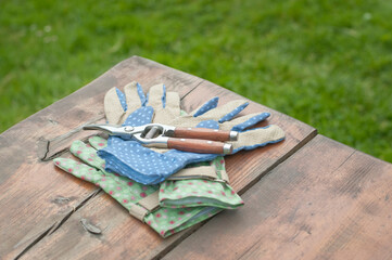Garden gloves and clippers on table