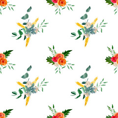 Flower seamless pattern with roses, eucalyptus, cotton, succulents and greenery. Backgrounds and wallpapers for invitations, cards, fabric, packaging, textile. Watercolor illustration.
