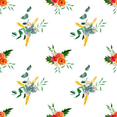 Fototapeta premium Flower seamless pattern with roses, eucalyptus, cotton, succulents and greenery. Backgrounds and wallpapers for invitations, cards, fabric, packaging, textile. Watercolor illustration. 