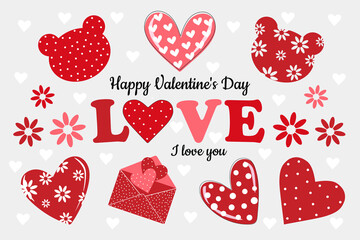 Cute romantic set of hearts, bears and flowers for a holiday card. Valentine's day template. Vector illustration.