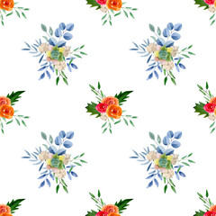 Fototapeta na wymiar Flower seamless pattern with roses, eucalyptus, cotton, succulents and greenery. Backgrounds and wallpapers for invitations, cards, fabric, packaging, textile. Watercolor illustration. 