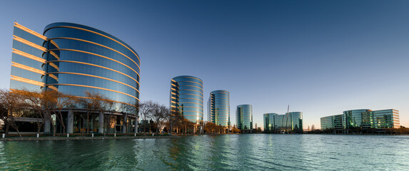 Sunrise over Oracle Corporation Buildings in Silicon Valley.