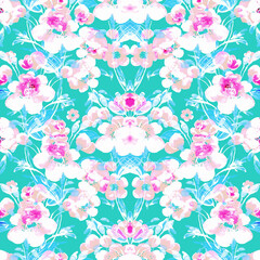 Abstract floral seamless pattern spring flowers drawn by paints on paper