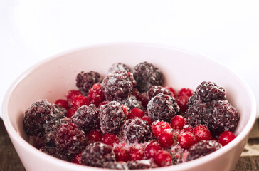 Frozen berries blackberries and red currants top view	