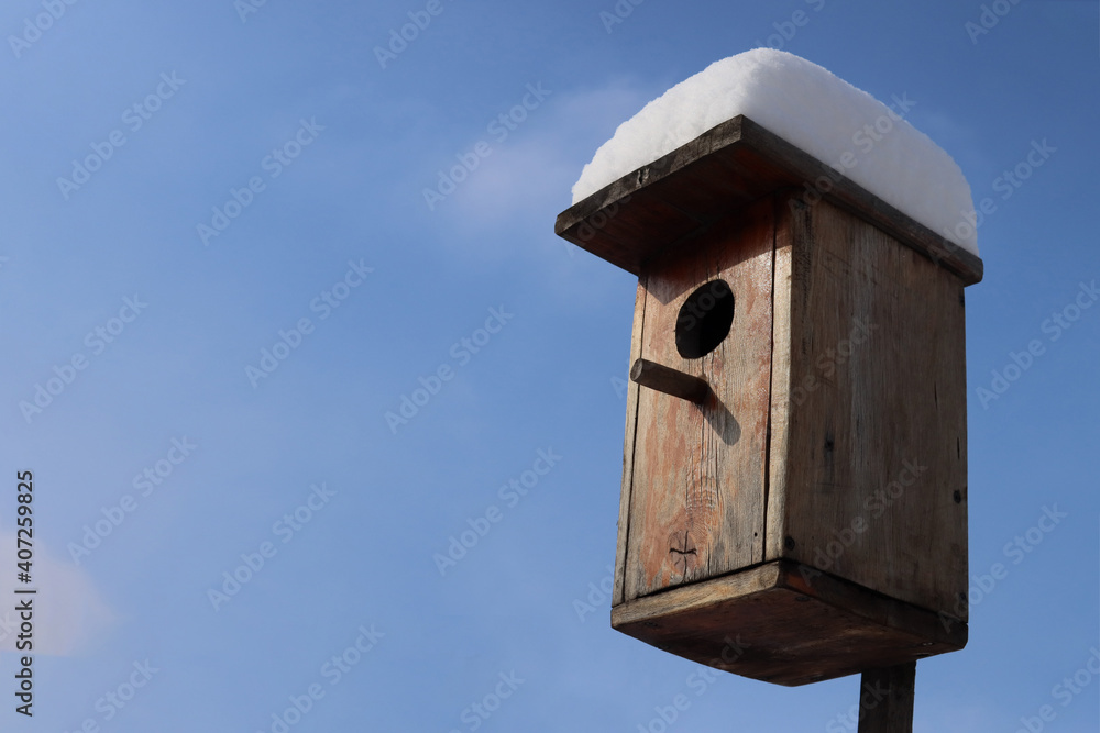 Wall mural birdhouse covered with snow against the blue sky