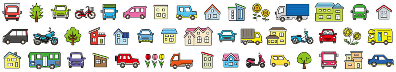 家と車と二輪車と植物のアイコンセット(線画とカラー)横長の配置