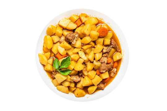 goulash meat with potatoes stewed vegetables and pork on the table for healthy meal snack outdoor top view copy space for text food background rustic image