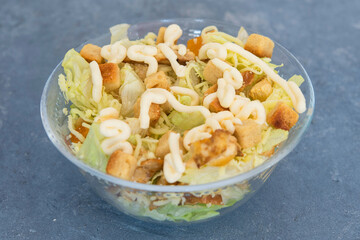 Caesar salad with toast, lettuce and grilled chicken breast , cheese and typical sauce