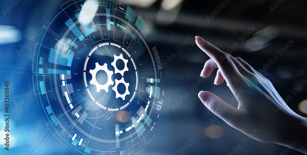 Poster gears mechanism on virtual screen. automation and business process flow. business and technology con