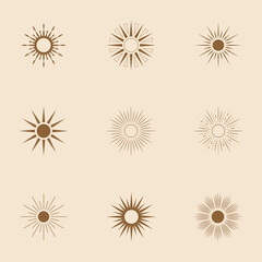 Set of sun linear icons and symbols in boho style. Vector abstract elements for logo design, decoration in modern minimalist style. Flat vector illustration