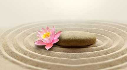 Zen garden meditation stone background and flower with stone and lines in sand for relaxation...