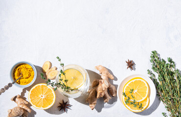 Immune boosting remedy. Flat lay  with ingredients from turmeric, thyme, lemon, star anise and...