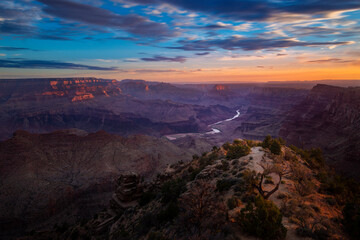 Scenic view of the Grand Canyon and the Colorado River from the Desert View viewpoint, in the Grand Canyon National Park, at sunrise, in the State of Arizona, USA