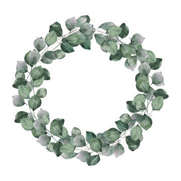 Handpainted watercolor eucalyptus wreath. Perfect for invitation.