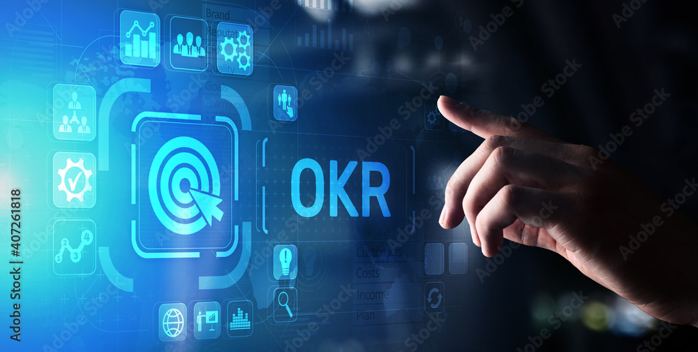 Poster objective key results business technology process improvement concept on virtual screen.