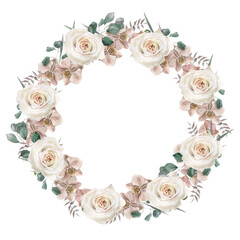Handpainted watercolor roses, orchids and eucalyptus wreath. Perfect for invitation.